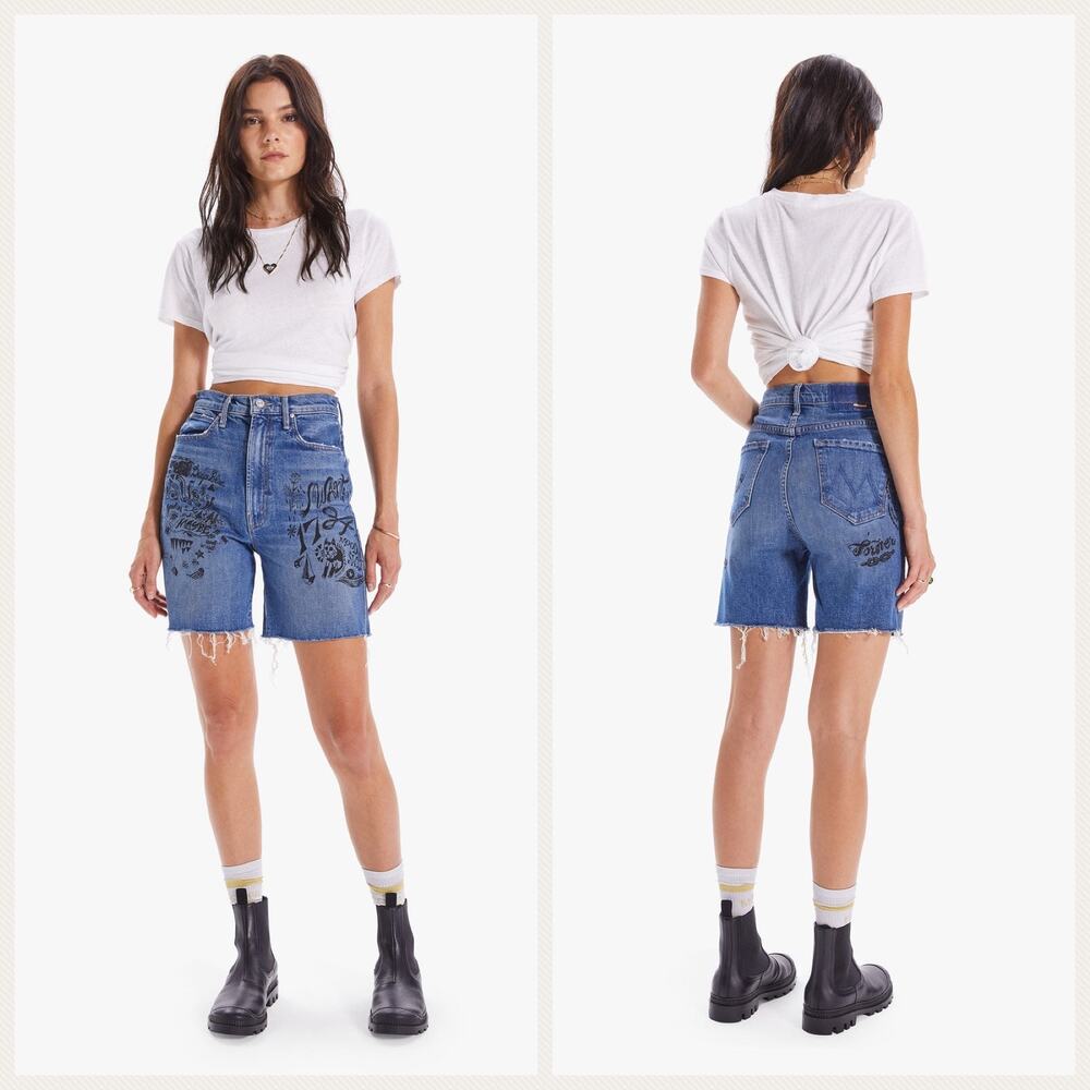 Mother High Waisted Smoking Short Fray Denim Shorts In Never Enough Size 24